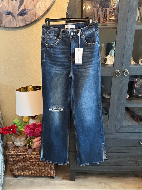 Risen Jeans Denim - High-Rise Distressed Wide-Leg Jeans in Dark Blue Risen